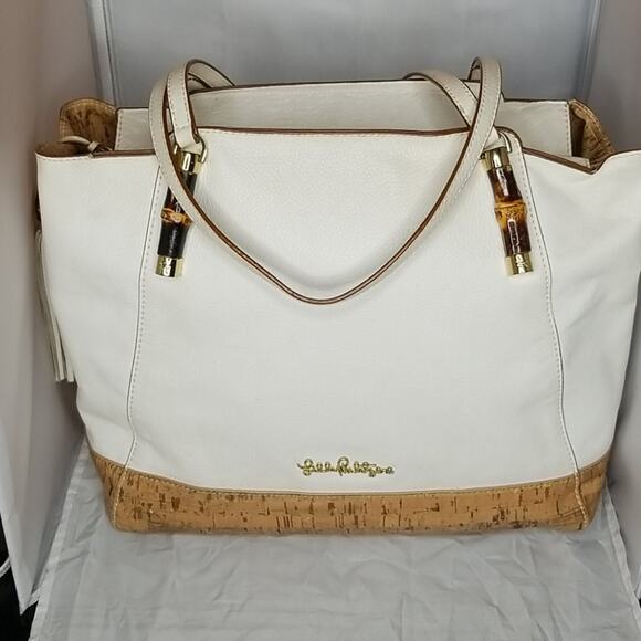 Cork White Leather Large Lilly Pulitzer Bag Tote Well Loved - Picture 2 of 8